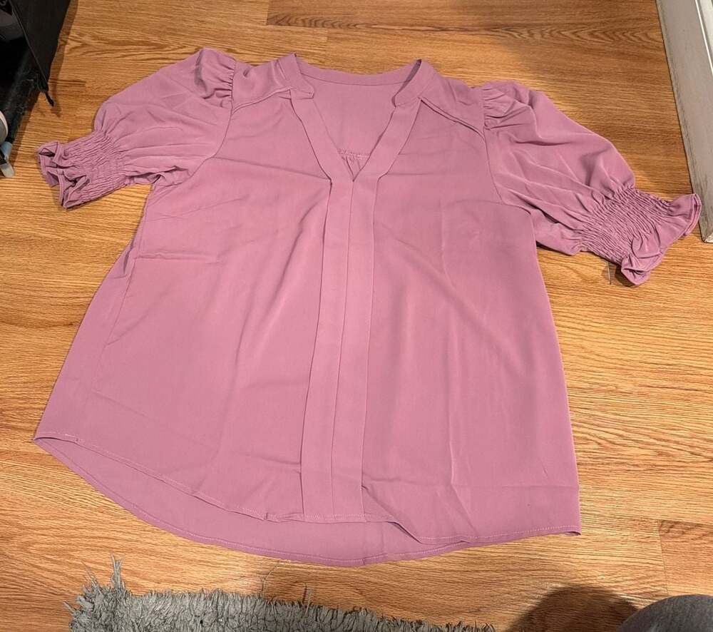 Mauve V-Neck Pleated Front Smocked Puff Sleeve Blouse Size XL